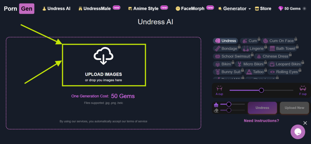 Upload image to Undress using Porngen